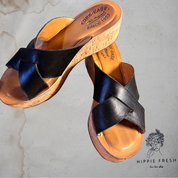 KorkEase Shoes Korkease Black Leather Cork Baja Wedge Sandal 7 M